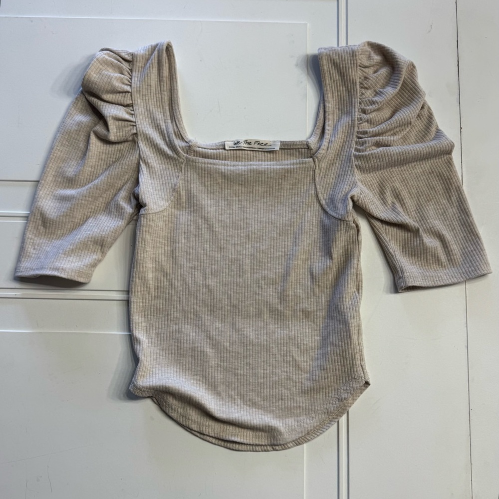 We The Free People Sz XS Night Lily Top Shirt Tan Square Neck Ruffle Ribbed